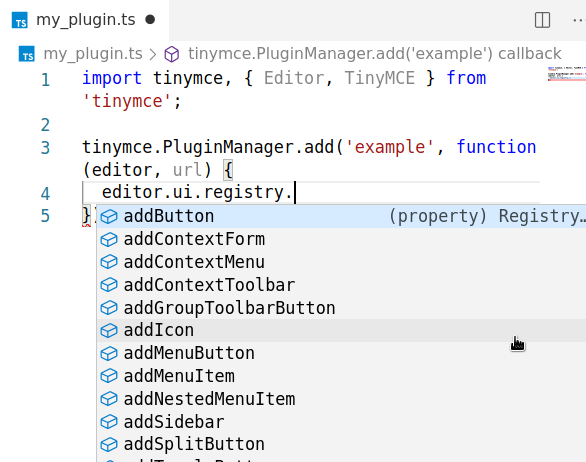 Screenshot of code autocompetion for adding a custom user interface component using TinyMCE APIs in Microsoft Visual Studio Code