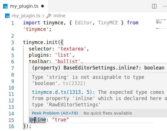Screenshot of a type error while adding TinyMCE configuration options in Microsoft Visual Studio Code