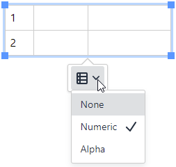 Table with numeric row numbering column and row numbering menu open (Numeric item checked)