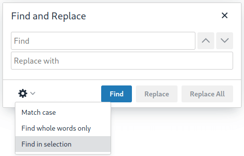 Find and Replace dialog with new "Find in selection" option highlighted