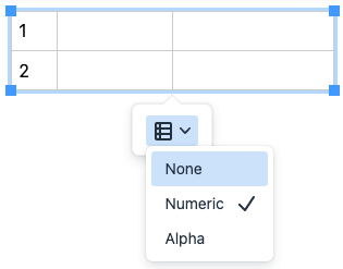 Table with numeric row numbering column and row numbering menu open (Numeric item checked)